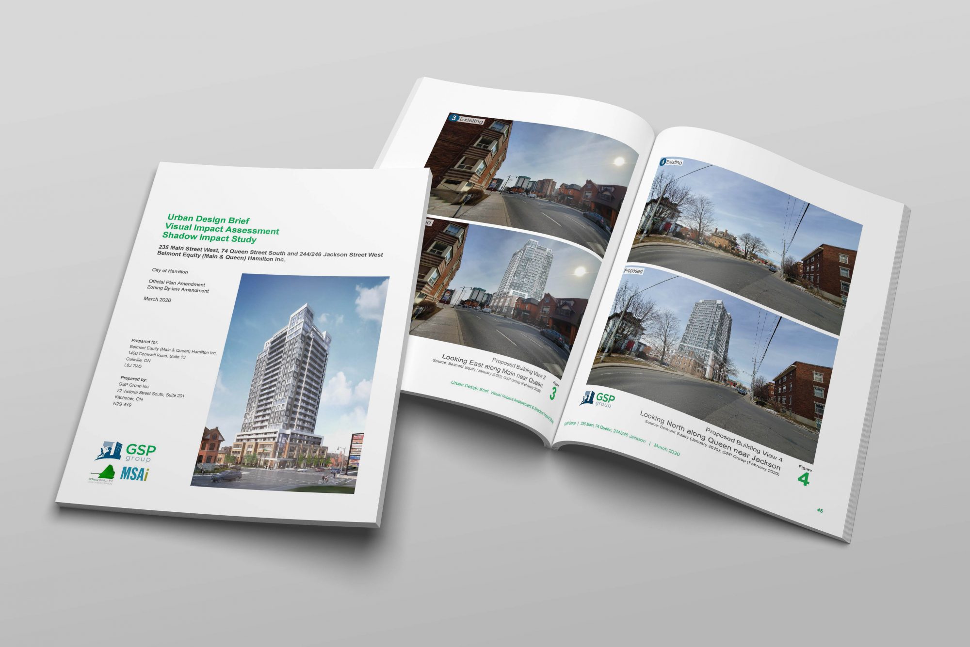 Two bound reports with a photo of a residential tower and four different views of the building.