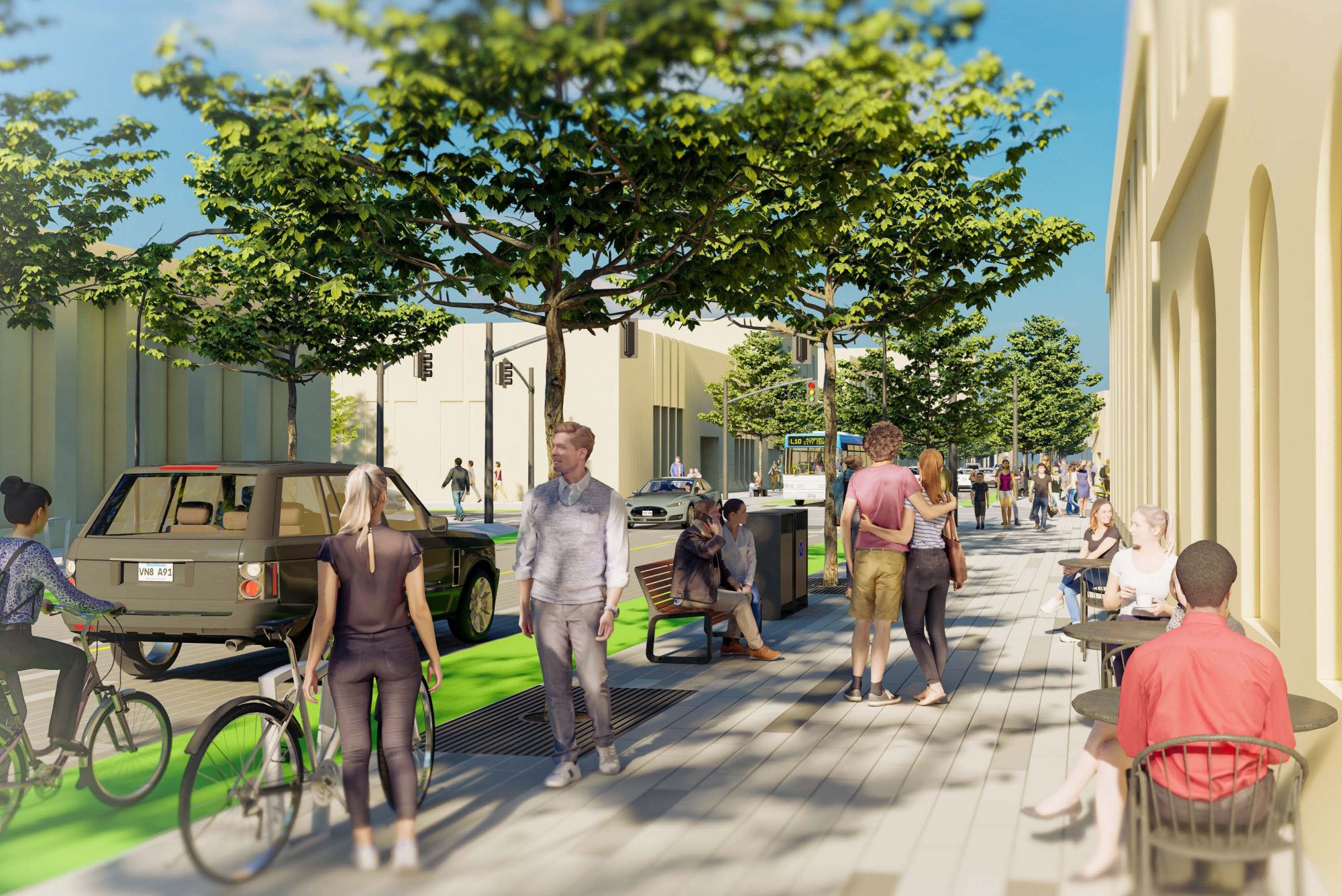Rendering of street view showing pedestrian, bicycle and vehicular movement.