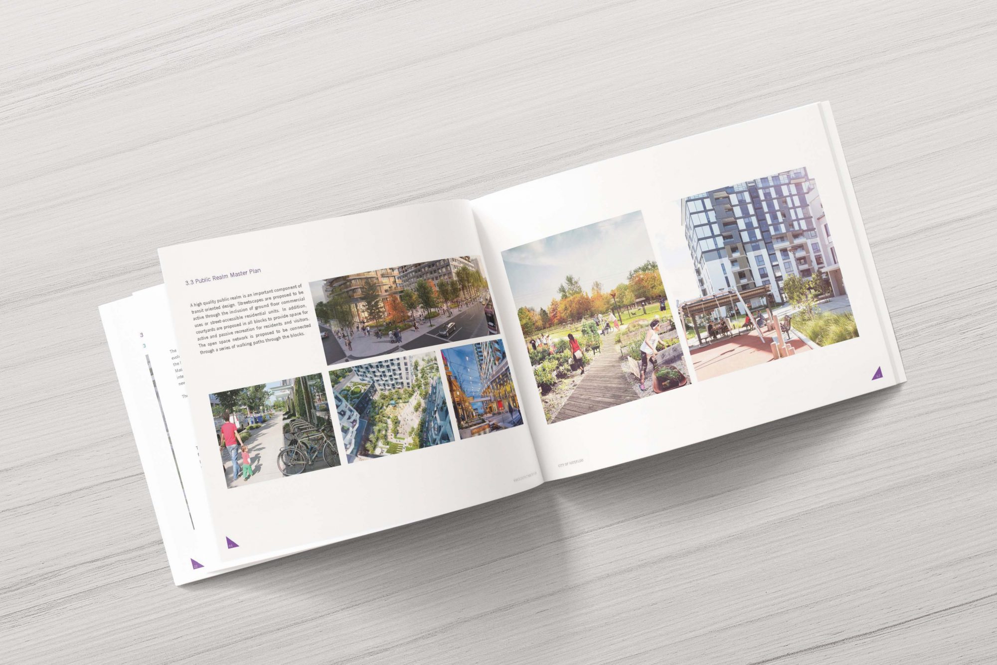 A report sits open and the pages illustrate various outdoor public realm precedents.