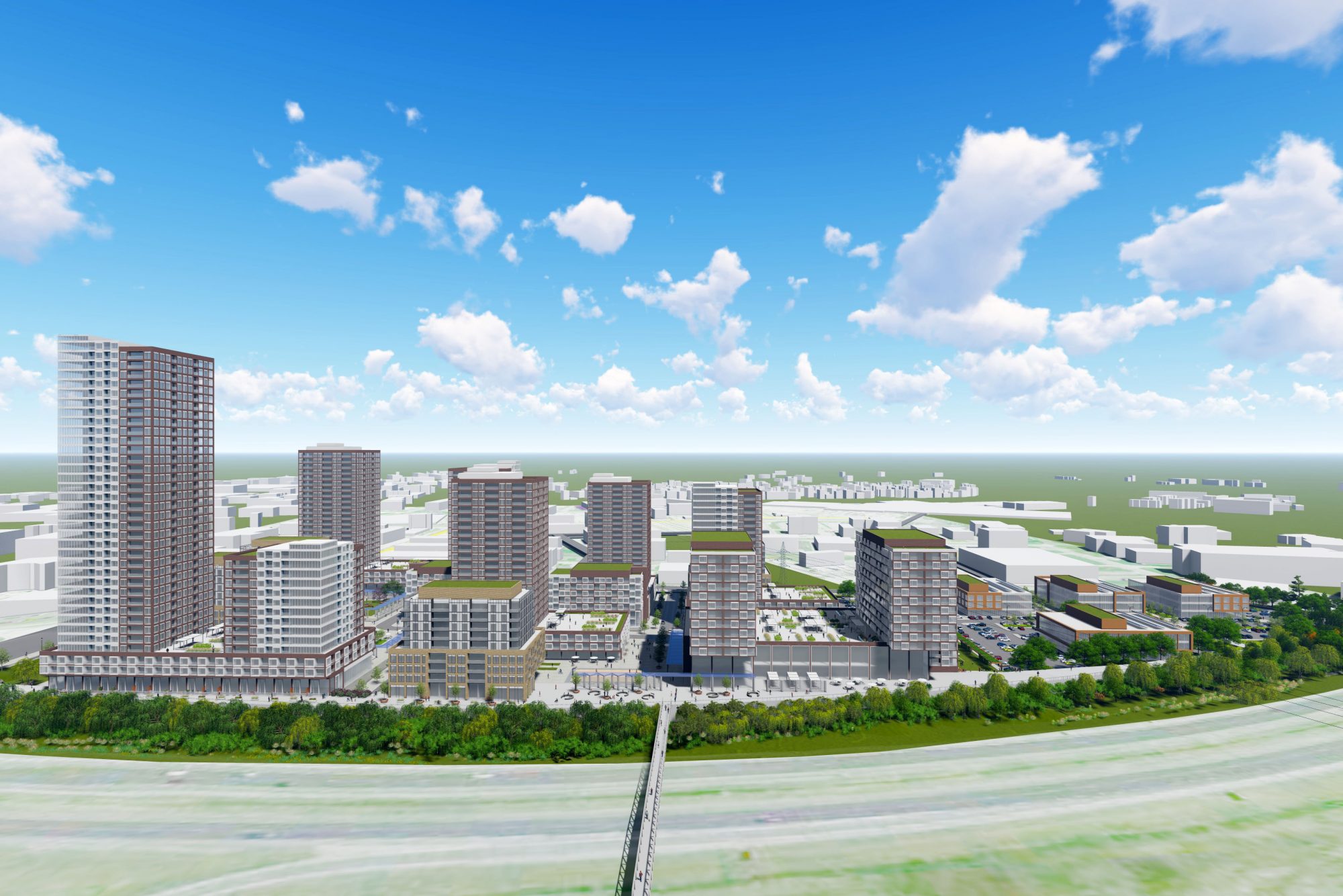 Aerial rendering of a development featuring a variety of buildings and outdoor spaces.