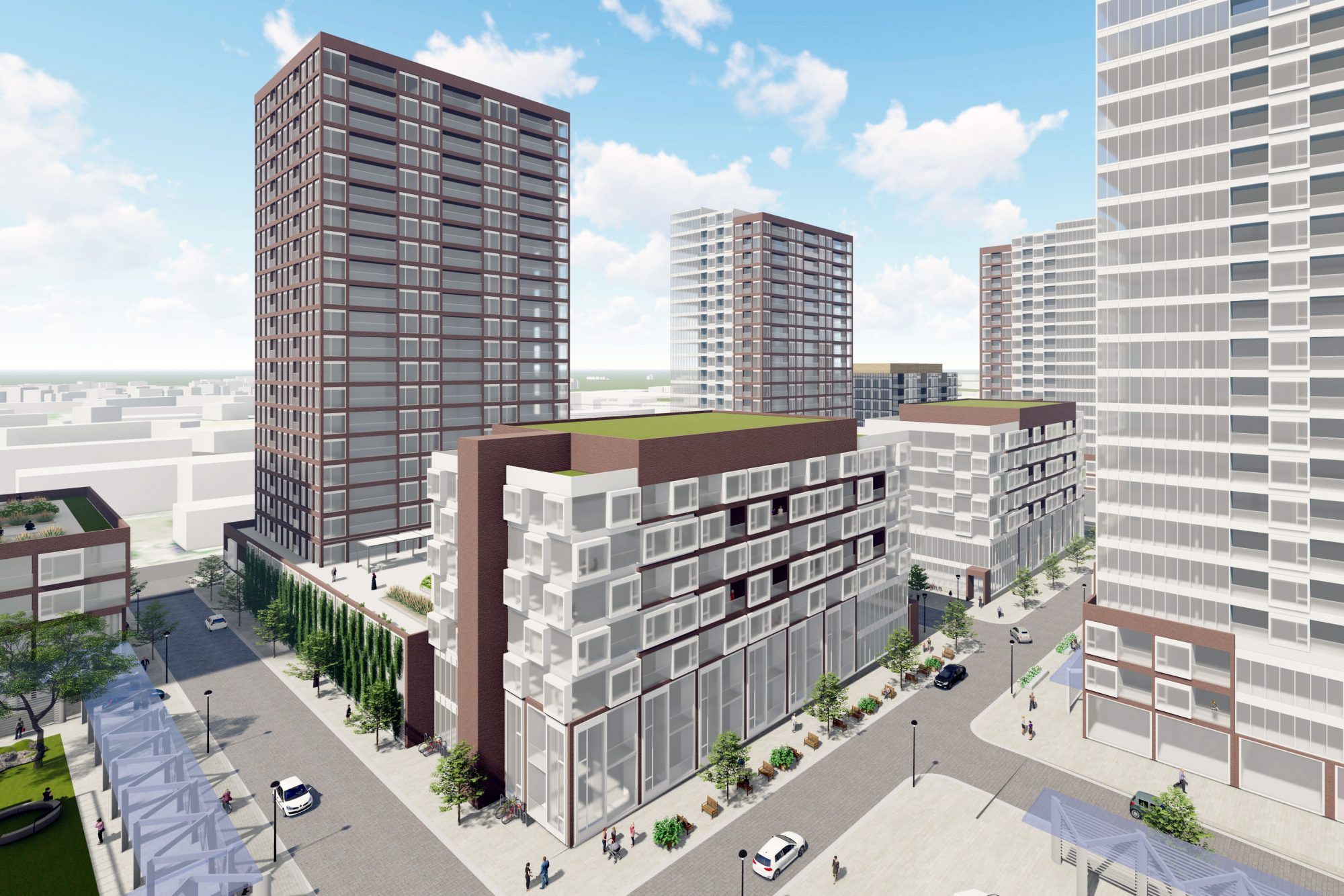 Rendering of a development featuring a variety of buildings and outdoor public spaces.
