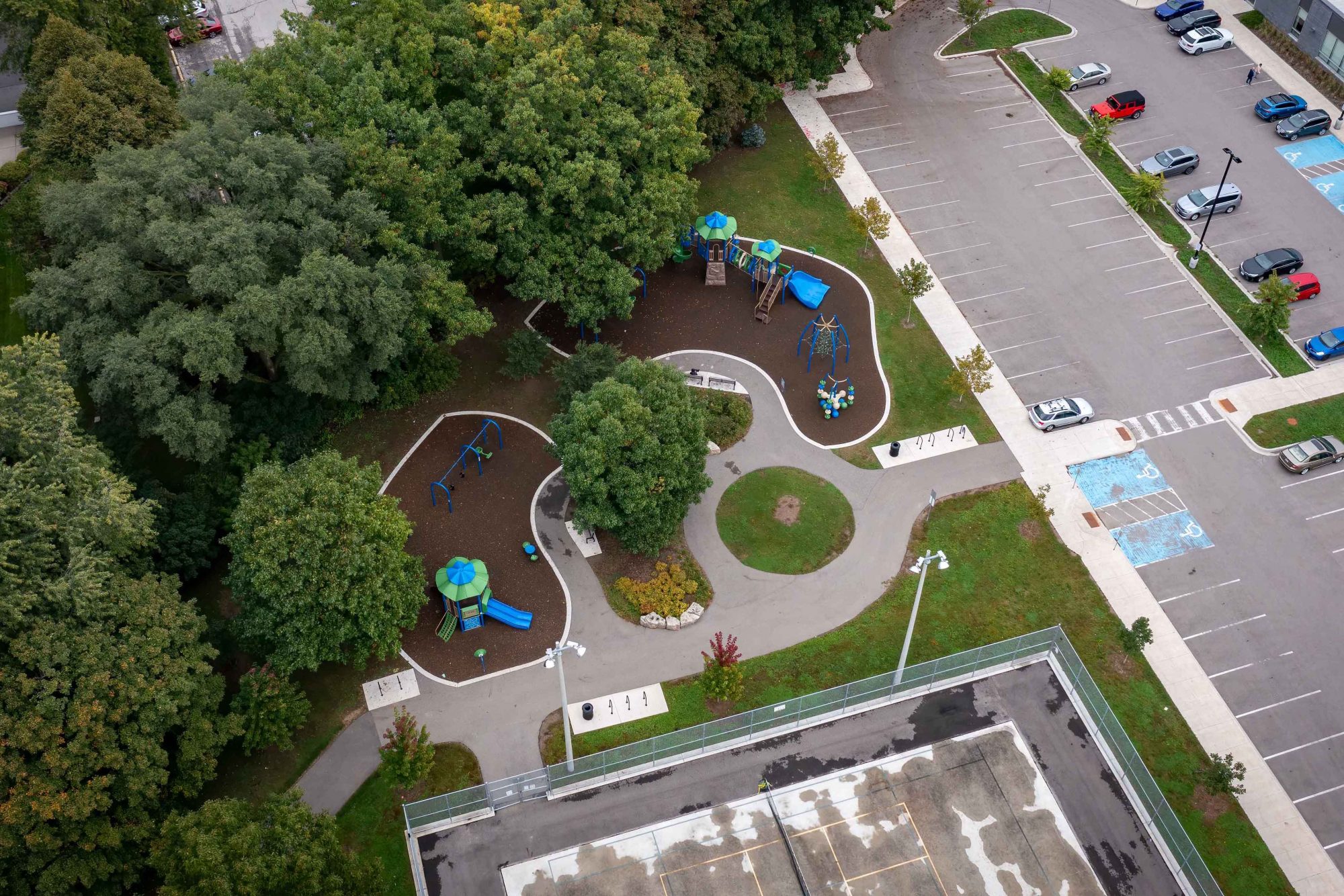 Aerial view of playground area.