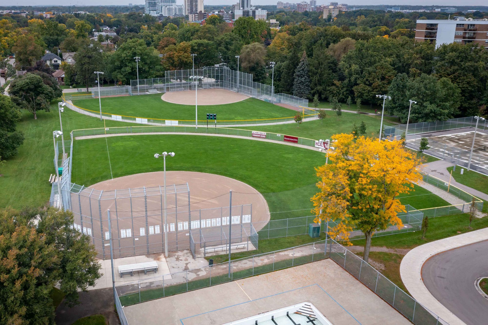 Aerial view of two baseball courts
