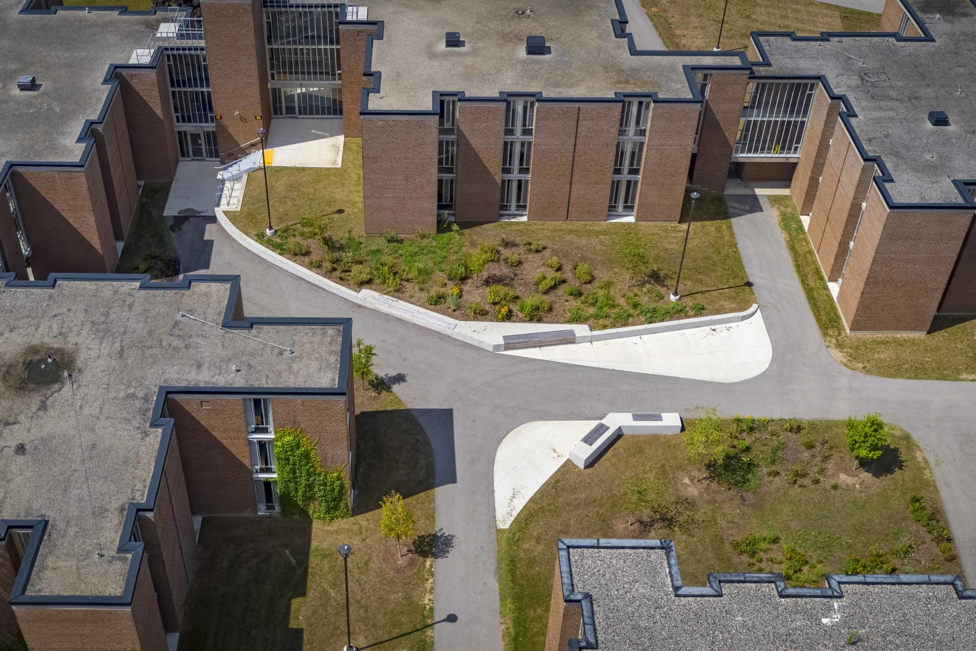 Aerial view of newly landscaped student residential buildings on the grounds of the University of Waterloo.